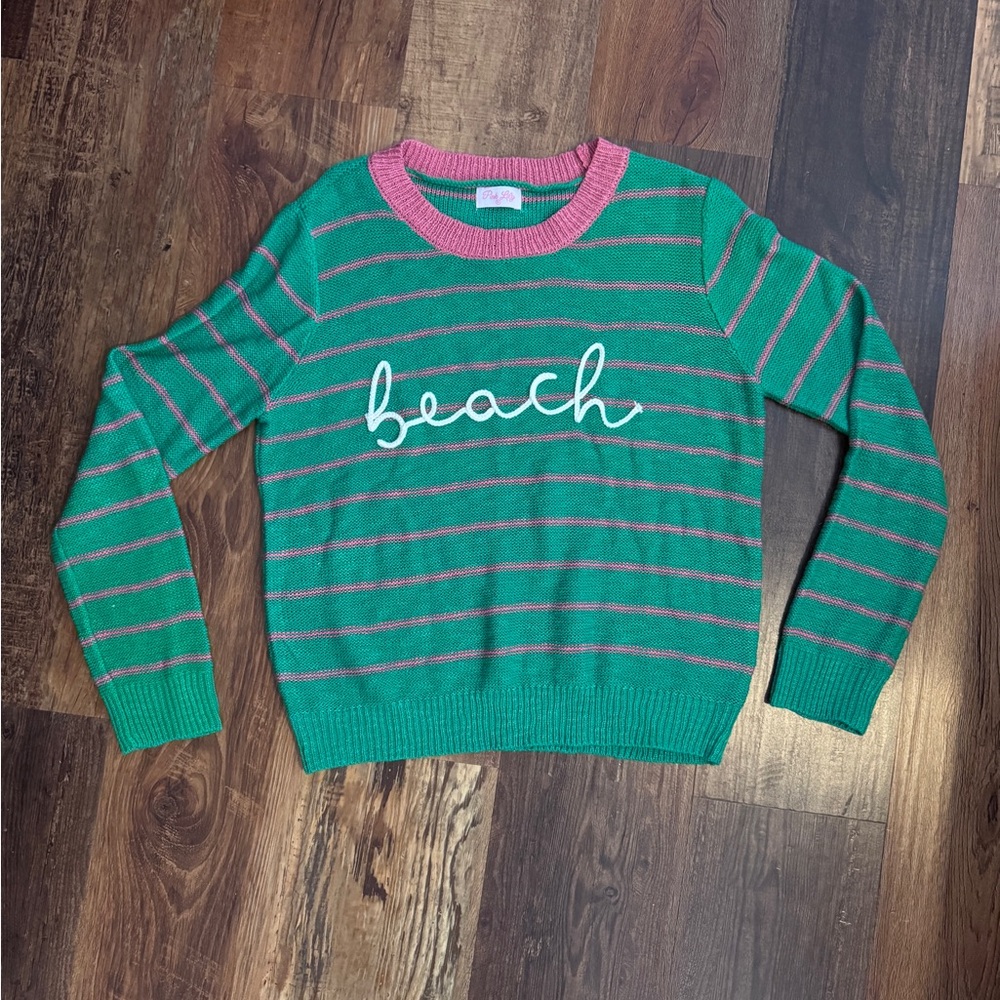 Pink Lily Vibrant Pink and Green Knit Sweater
